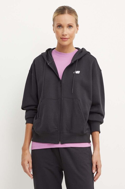 Μπλούζα New Balance χρώμα: μαύρο, με κουκούλα, WJ41501BK