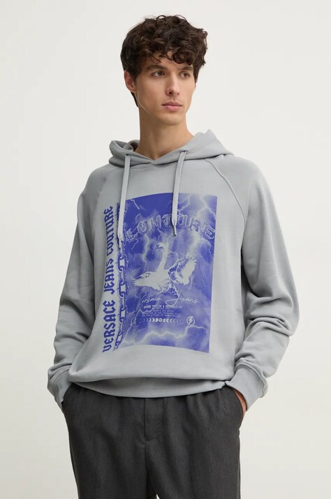Βαμβακερή μπλούζα Versace Jeans Couture χρώμα: γκρι, με κουκούλα, 77GAIT07 CF00T
