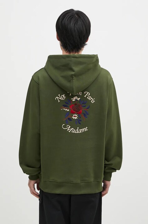 Βαμβακερή μπλούζα Drôle de Monsieur Le Hoodie Slogan Fleurs χρώμα: πράσινο, με κουκούλα, E-HO169-CO127-KK