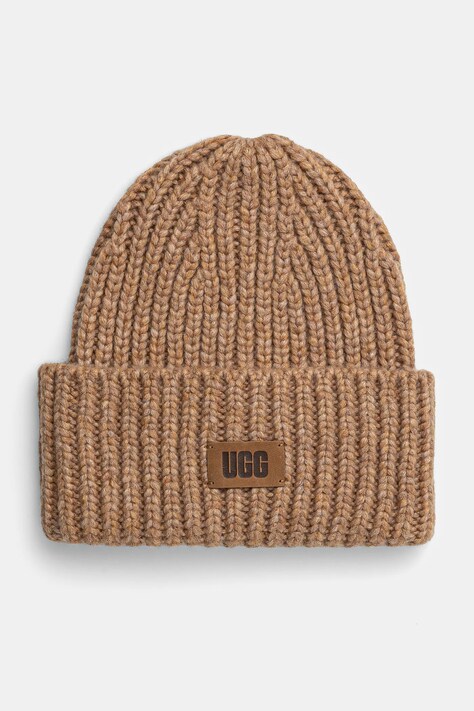 Σκουφί από μείγμα μαλλιού UGG CHUNKY RIB BEANIE χρώμα: καφέ, 21687