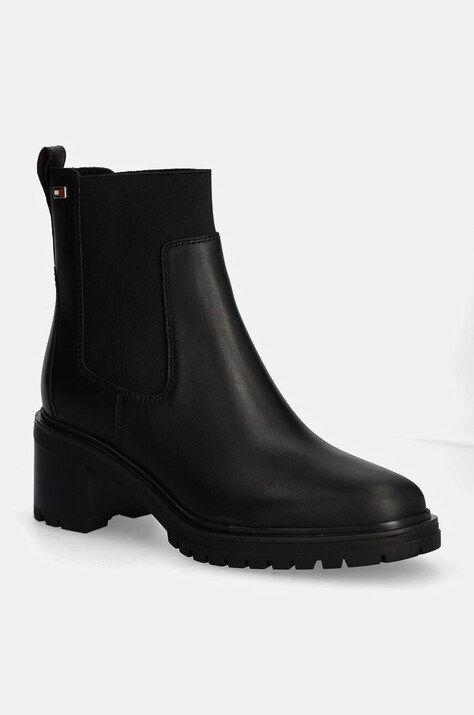 Δερμάτινες μπότες τσέλσι Tommy Hilfiger FLAG MID HEEL LEATHER CHELSEA γυναικείες, χρώμα: μαύρο, FW0FW08163
