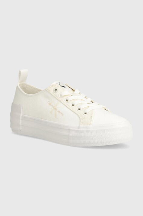 Πάνινα παπούτσια Calvin Klein Jeans BOLD VULC FLATF LOW LACE MIX MTL χρώμα: άσπρο, YW0YW01465
