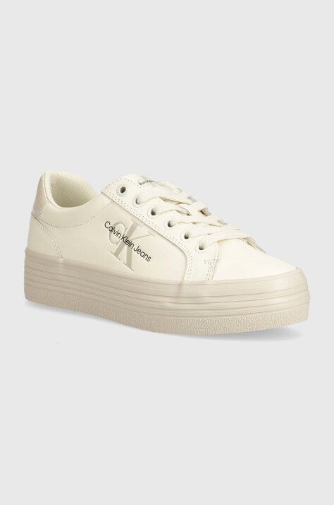 Δερμάτινα αθλητικά παπούτσια Calvin Klein Jeans VULC FLATFORM LACEUP LTH χρώμα: μπεζ, YW0YW01474