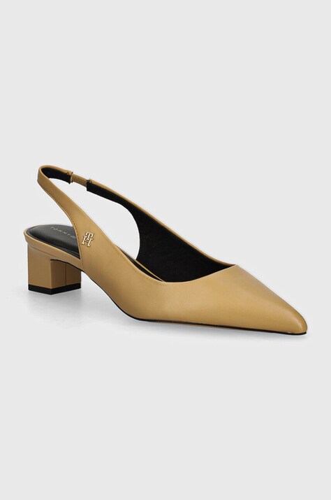 Δερμάτινα γοβάκια Tommy Hilfiger TH MID HEEL SLINGBACK χρώμα: μπεζ, FW0FW08292