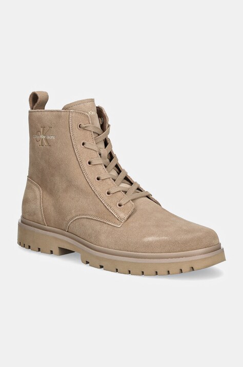 Δερμάτινα μποτάκια Calvin Klein Jeans EVA BOOT MID LACEUP ICONIC DRESS χρώμα: μπεζ, YM0YM01070