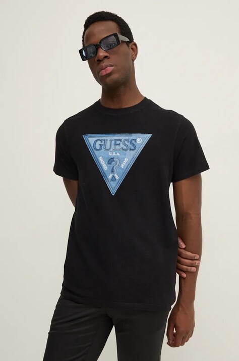 Βαμβακερό μπλουζάκι Guess ανδρικό, χρώμα: μαύρο, M4BI29.KCH21