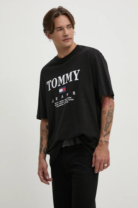 Βαμβακερό μπλουζάκι Tommy Jeans ανδρικό, χρώμα: μαύρο, DM0DM20080