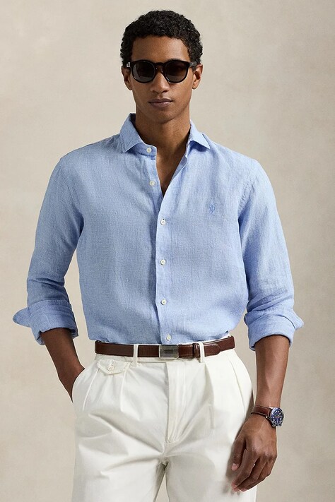 Πουκάμισο από λινό Polo Ralph Lauren ανδρικό, χρώμα: μπλε, 710968971