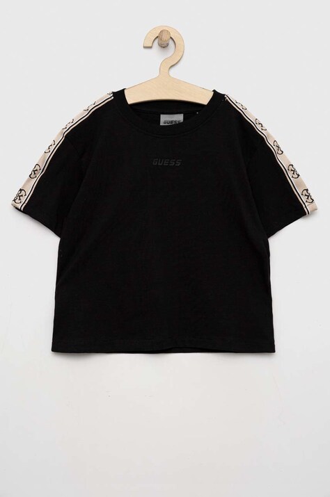 Παιδικό βαμβακερό μπλουζάκι Guess χρώμα: μαύρο