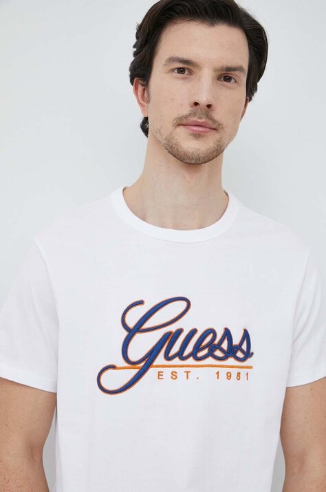 Βαμβακερό μπλουζάκι Guess χρώμα: άσπρο