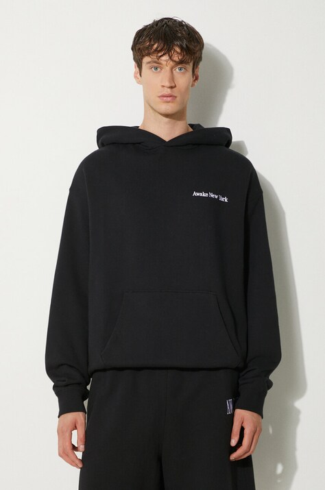 Βαμβακερή μπλούζα Awake NY Serif Hoodie χρώμα: μαύρο, με κουκούλα, SP24-HD003