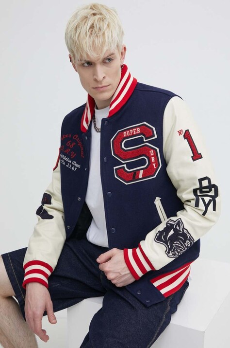 Μάλλινο μπουφάν bomber Superdry χρώμα: ναυτικό μπλε