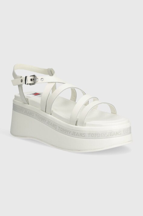 Δερμάτινα σανδάλια Tommy Jeans TJW STRAPPY WEDGE SANDAL χρώμα: άσπρο, EN0EN02516