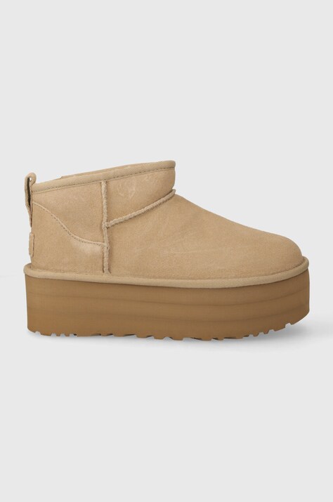 Μπότες σουέτ UGG Classic Ultra Mini Platform χρώμα: μπεζ, 1135092