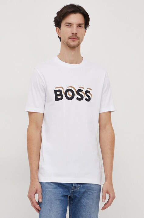 Βαμβακερό μπλουζάκι BOSS ανδρικά, χρώμα: άσπρο