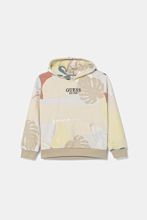 Παιδική βαμβακερή μπλούζα Guess χρώμα: μπεζ, με κουκούλα, L5GQ03 KA6R4