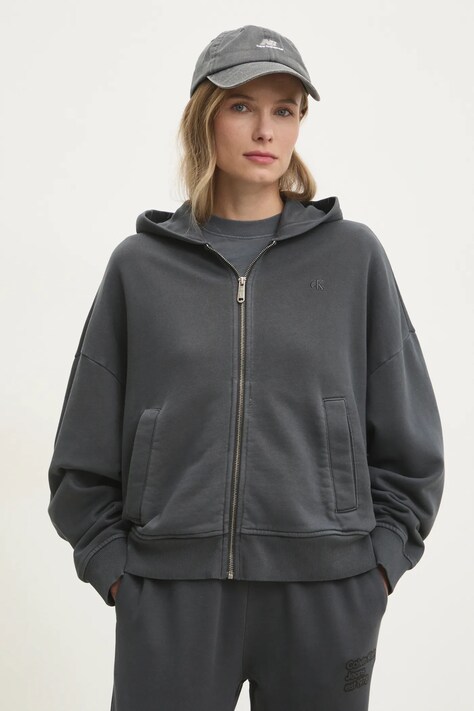 Βαμβακερή μπλούζα Calvin Klein Jeans γυναικεία, χρώμα: γκρι, με κουκούλα, J20J224733