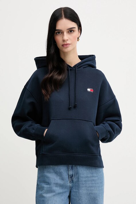 Βαμβακερή μπλούζα Tommy Jeans γυναικεία, χρώμα: ναυτικό μπλε, με κουκούλα, DW0DW19414