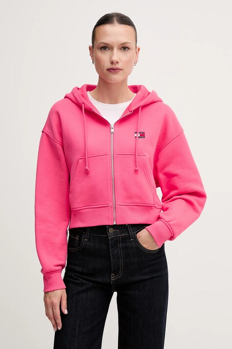 Βαμβακερή μπλούζα Tommy Jeans γυναικεία, χρώμα: ροζ, με κουκούλα, DW0DW21355