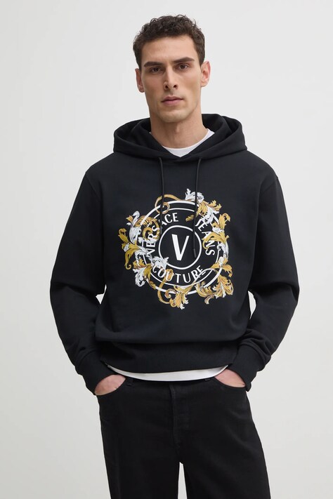 Βαμβακερή μπλούζα Versace Jeans Couture χρώμα: μαύρο, με κουκούλα, 78GAIC01 CF00C