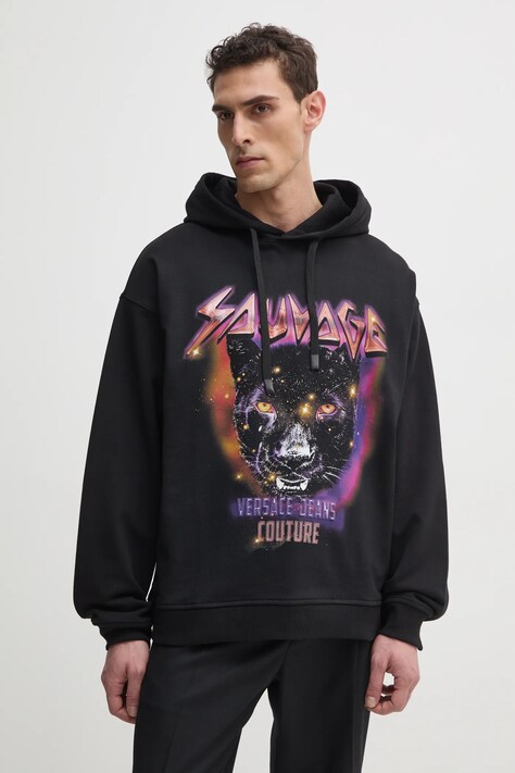 Βαμβακερή μπλούζα Versace Jeans Couture χρώμα: μαύρο, με κουκούλα, 78GAIC04 CF00C