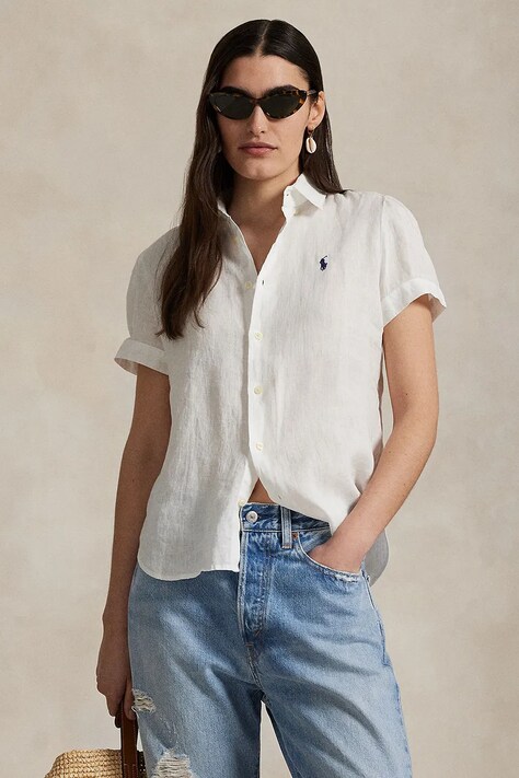 Πουκάμισο από λινό Polo Ralph Lauren χρώμα: άσπρο, 211973366