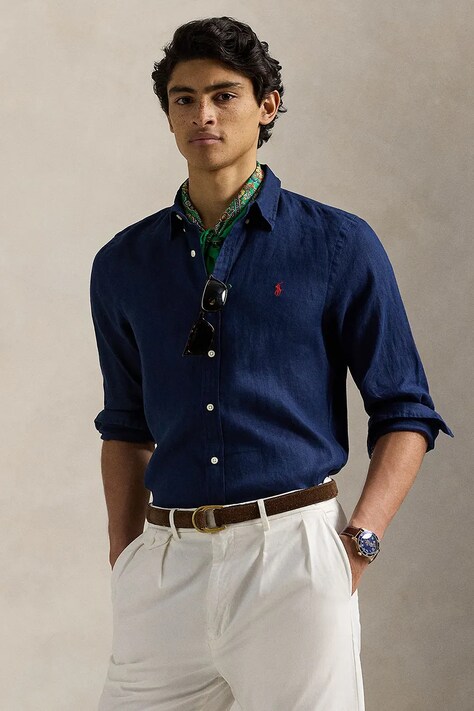Πουκάμισο από λινό Polo Ralph Lauren χρώμα: ναυτικό μπλε, 710966295