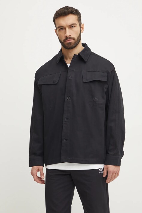 Βαμβακερό πουκάμισο adidas Originals Essential ανδρικό, χρώμα: μαύρο, JC9602