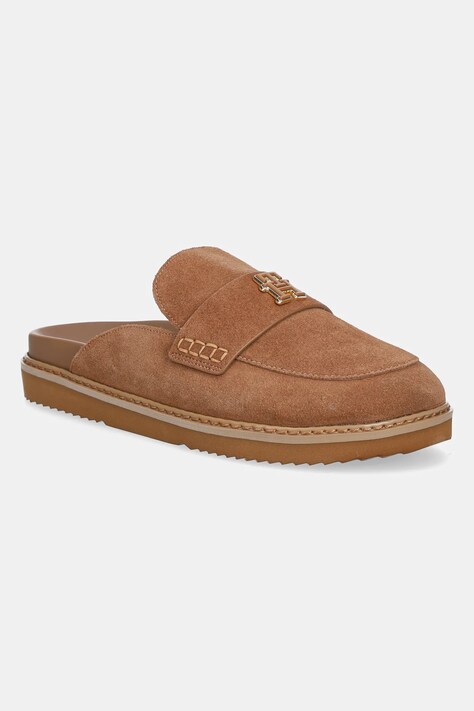 Παντόφλες σουέτ Tommy Hilfiger SUEDE CLOSED TOE MULE γυναικείες, χρώμα: καφέ, FW0FW08583
