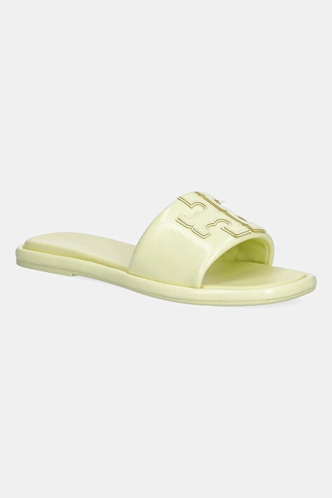 Δερμάτινες παντόφλες Tory Burch Double T Sport Slide γυναικείες, χρώμα: κίτρινο, 141380-701