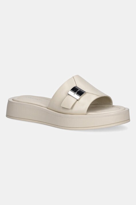Δερμάτινες παντόφλες Calvin Klein FLATFORM SLIDE W/CK HW - LTH γυναικείες, χρώμα: μπεζ, HW0HW02368