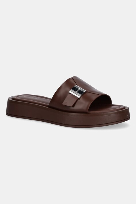 Δερμάτινες παντόφλες Calvin Klein FLATFORM SLIDE W/CK HW - LTH γυναικείες, χρώμα: καφέ, HW0HW02368