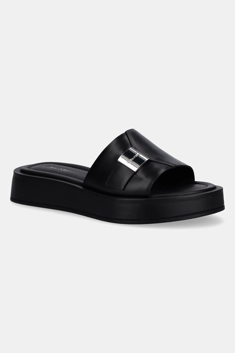 Δερμάτινες παντόφλες Calvin Klein FLATFORM SLIDE W/CK HW - LTH γυναικείες, χρώμα: μαύρο, HW0HW02368