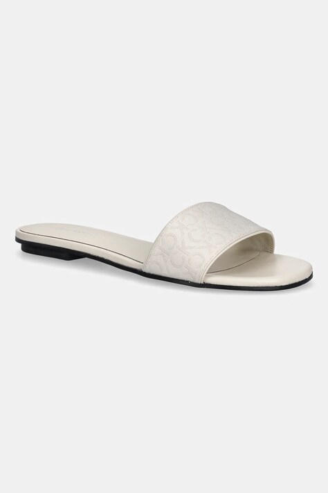 Παντόφλες Calvin Klein FLAT SLIDE - JACQ χρώμα: μπεζ, HW0HW02388