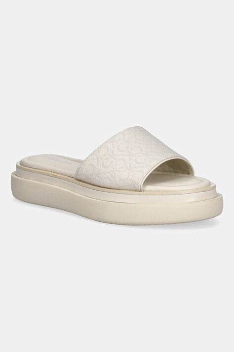 Παντόφλες Calvin Klein FLATFORM SLIDE - JACQ χρώμα: μπεζ, HW0HW02461