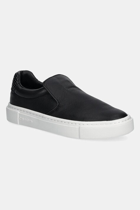 Δερμάτινα ελαφριά παπούτσια Calvin Klein CUPSOLE SLIP ON - WOVEN LTH χρώμα: μαύρο, HW0HW02297