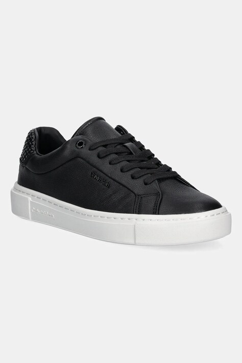 Δερμάτινα αθλητικά παπούτσια Calvin Klein CUPSOLE LACE UP - WOVEN LTH χρώμα: μαύρο, HW0HW02298