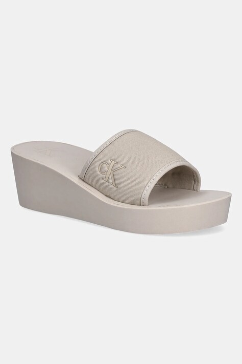 Παντόφλες Calvin Klein Jeans BEACH WEDGE SLIDE CANVAS χρώμα: μπεζ, YW0YW01725