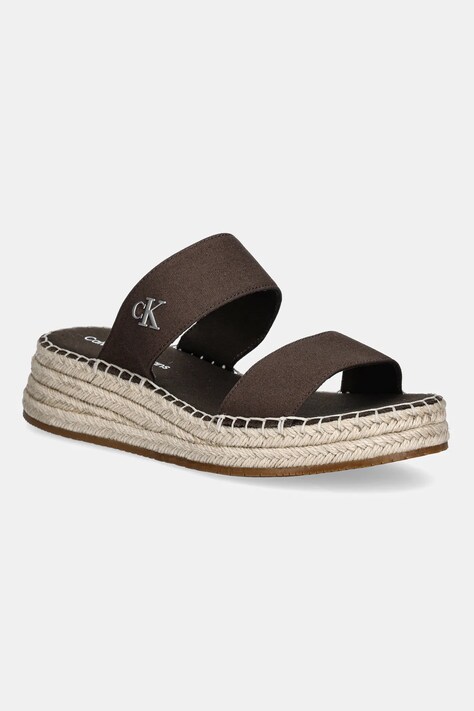 Παντόφλες Calvin Klein Jeans SPORTY ROPE MG LTH WEBBING χρώμα: καφέ, YW0YW01704