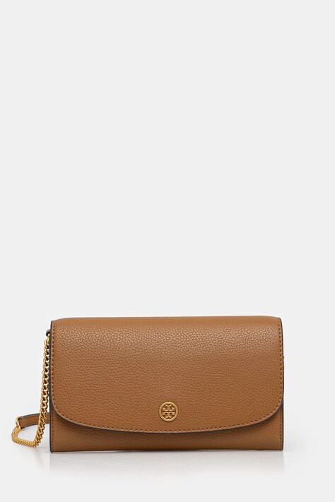 Δερμάτινο πορτοφόλι Tory Burch Robinson γυναικείο, χρώμα: καφέ, 146367.202