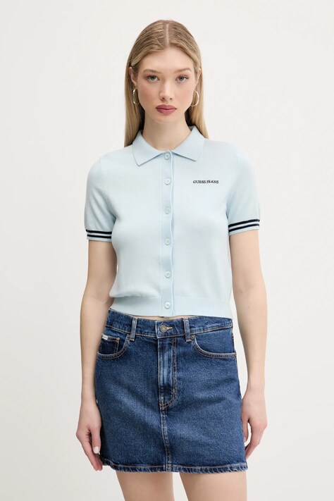 Μπλουζάκι πόλο με μείγμα μαλλί Guess Jeans χρώμα: μπλε, W5GR03 Z3HO2