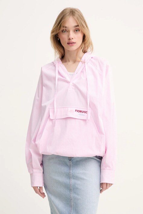 Βαμβακερή μπλούζα Fiorucci Gingham Logo Hoodie Shirt γυναικεία, χρώμα: ροζ, με κουκούλα, W02SPTLO286CO01PN02