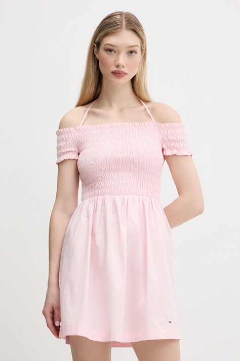 Βαμβακερό φόρεμα Tommy Jeans χρώμα: ροζ, DW0DW20343