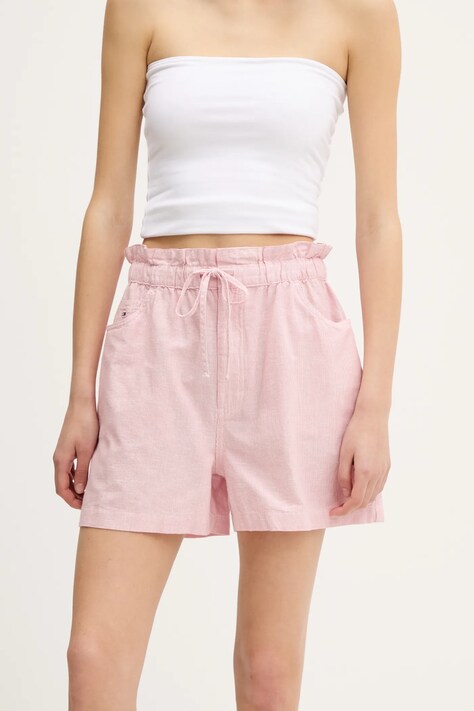Λινό σορτς Tommy Jeans χρώμα: ροζ, DW0DW20360