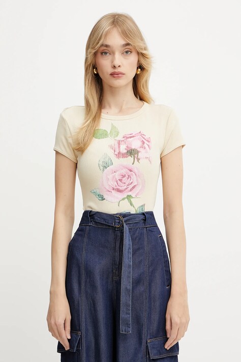 Μπλουζάκι Guess ROSE χρώμα: μπεζ, W5GI33 KA0H1