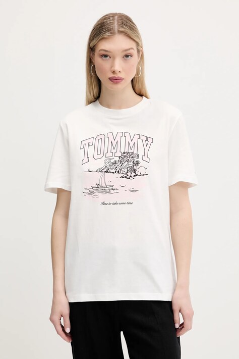 Βαμβακερό μπλουζάκι Tommy Jeans χρώμα: μπεζ, DW0DW21343