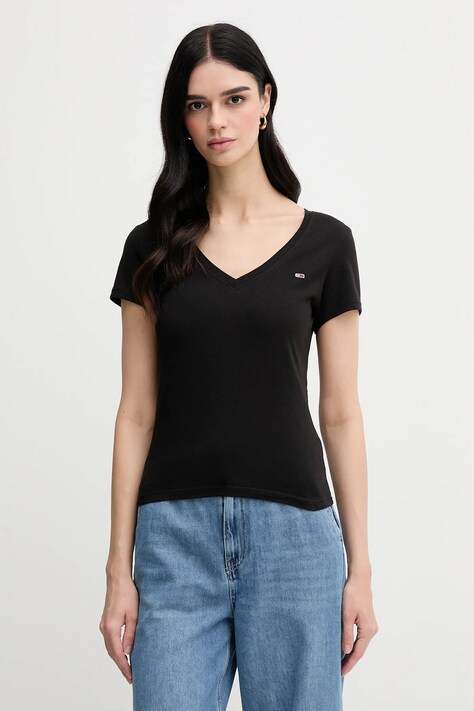 Βαμβακερό μπλουζάκι Tommy Jeans 2-pack γυναικείο, χρώμα: μαύρο, DW0DW21367