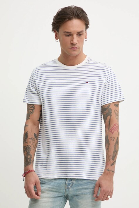 Βαμβακερό μπλουζάκι Tommy Jeans ανδρικό, χρώμα: άσπρο, DM0DM20377