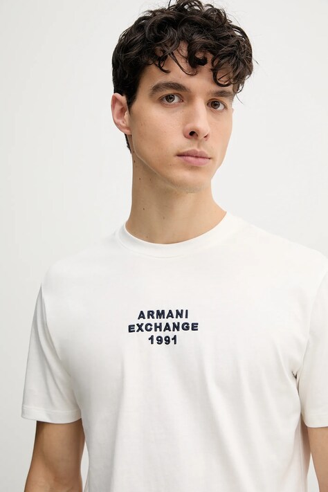 Βαμβακερό μπλουζάκι Armani Exchange ανδρικό, χρώμα: μπεζ, XM000540 AF10362