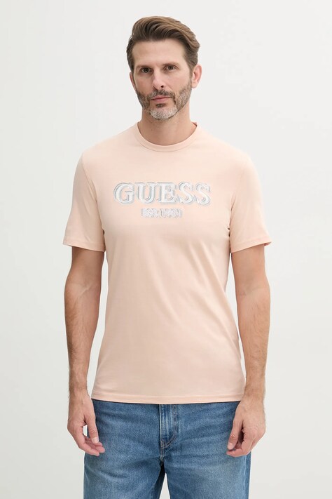 Βαμβακερό μπλουζάκι Guess ανδρικό, χρώμα: πορτοκαλί, M5GI07 I3Z14